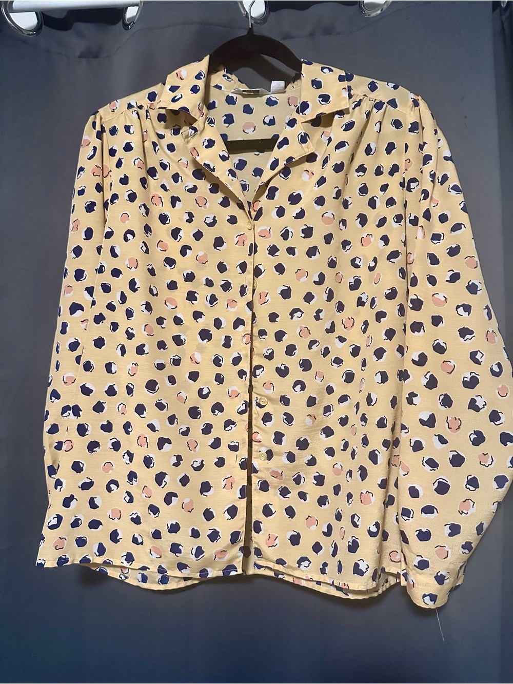 Woven Button-Up Blouse in Mustard with Navy & Pink Spot Print
